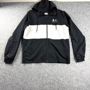 Under Armour Jacket Mens MD Windbreaker Black White Colorblock Hooded Full Zip